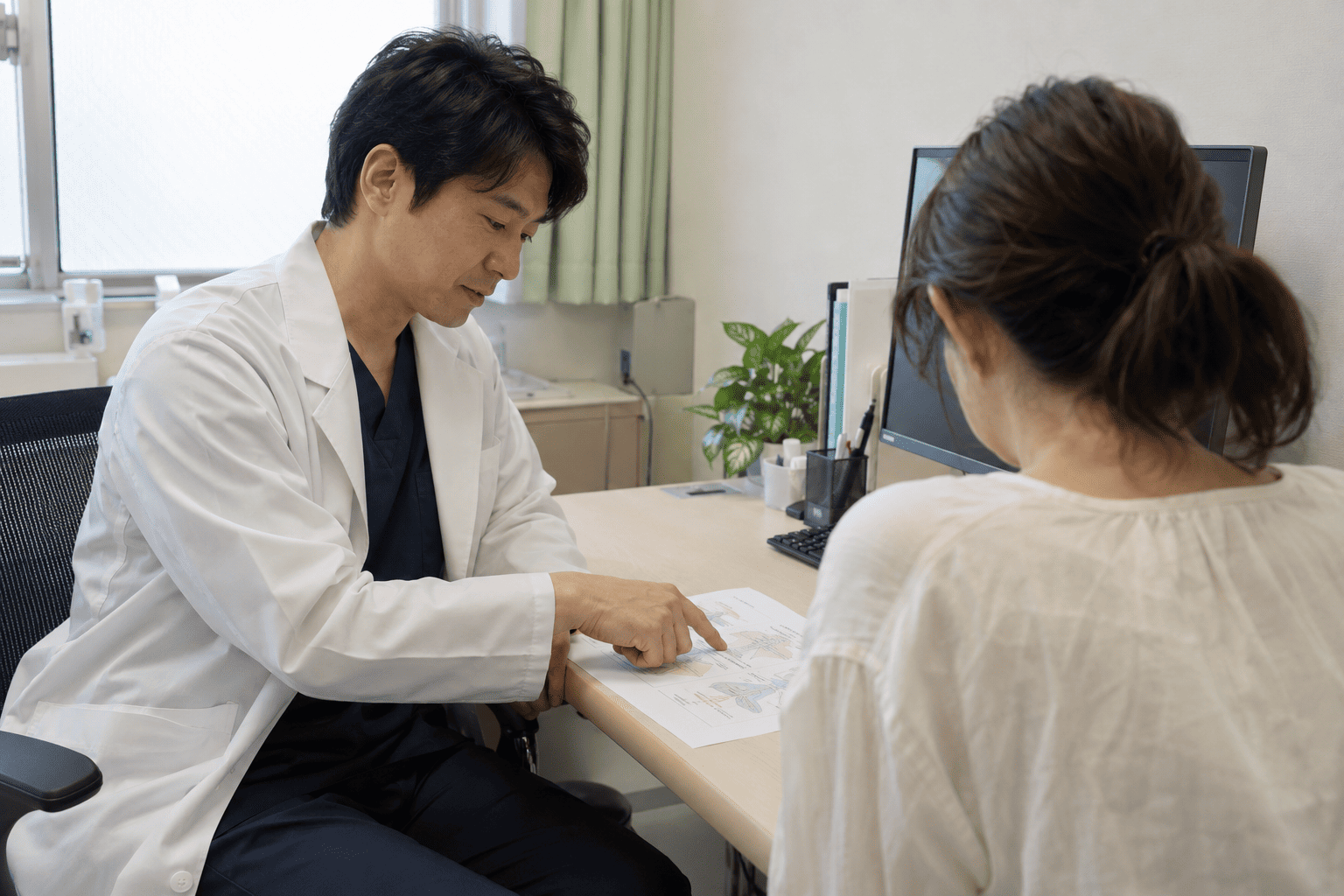 診察室で医師と患者が資料を見ながら相談するイメージ